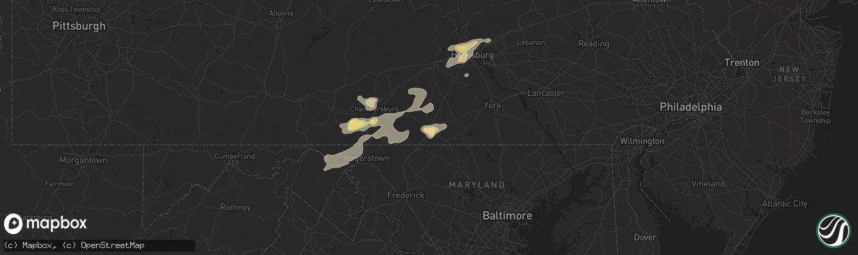 Hail map in Gettysburg, PA on July 19, 2013