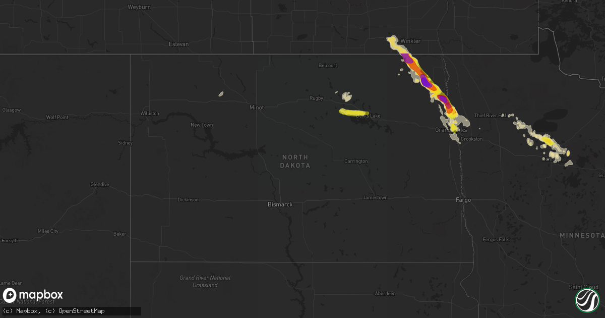 Hail map in North Dakota on July 19, 2016