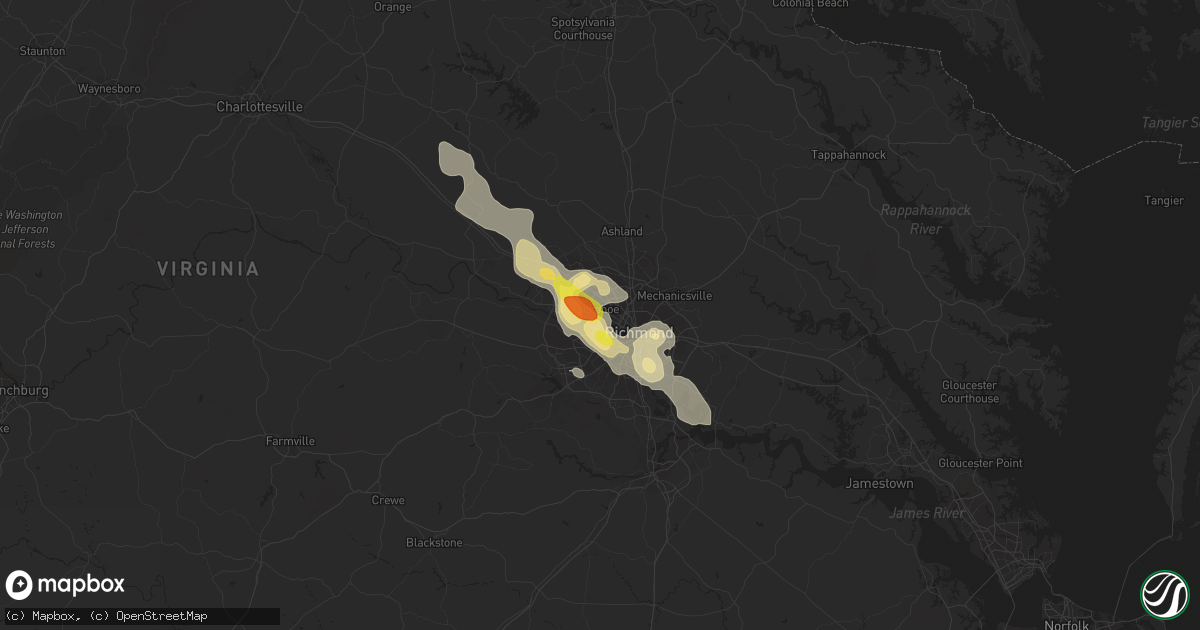 Hail map in Richmond, VA on July 19, 2016