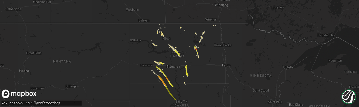 Hail map in North Dakota on July 19, 2018