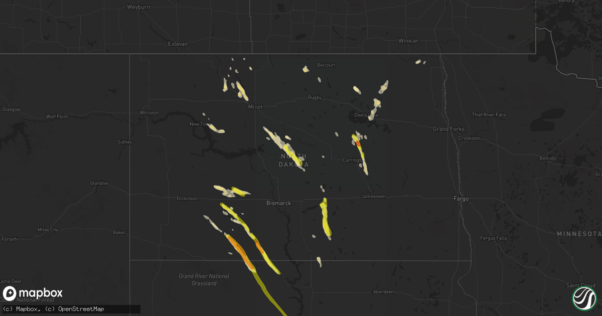 Hail map in North Dakota on July 19, 2018