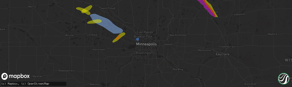 Hail map in Minneapolis, MN on July 19, 2023