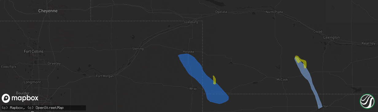 Hail map in Holyoke, CO on July 19, 2024