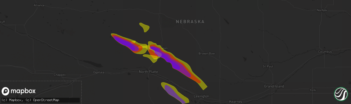 Hail map in Arnold, NE on July 19, 2025