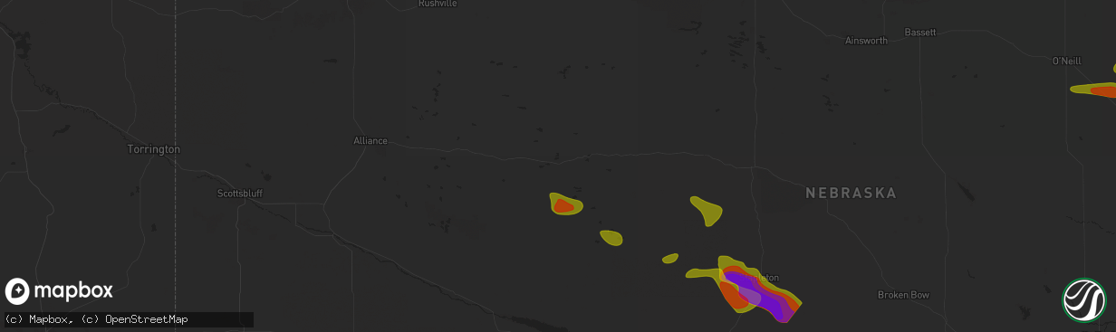 Hail map in Hyannis, NE on July 19, 2025