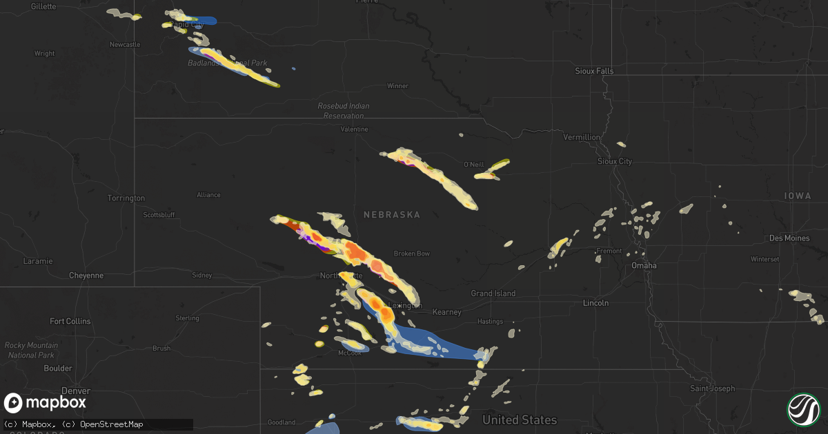 Hail map in Nebraska on July 19, 2025