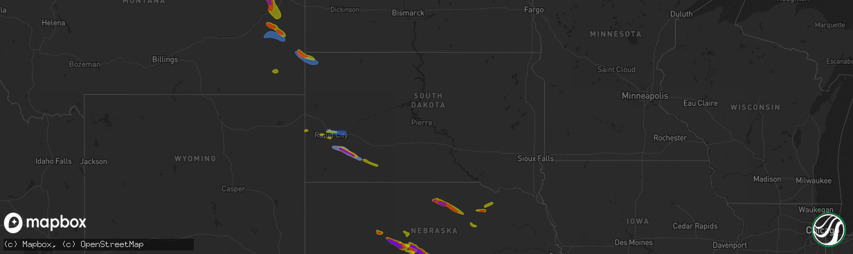 Hail map in South Dakota on July 19, 2025