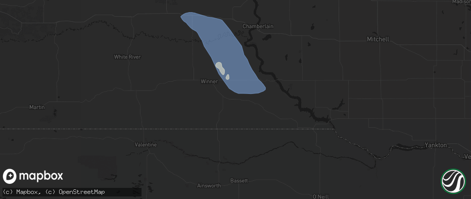 Hail map in Dallas, SD on July 19, 2026