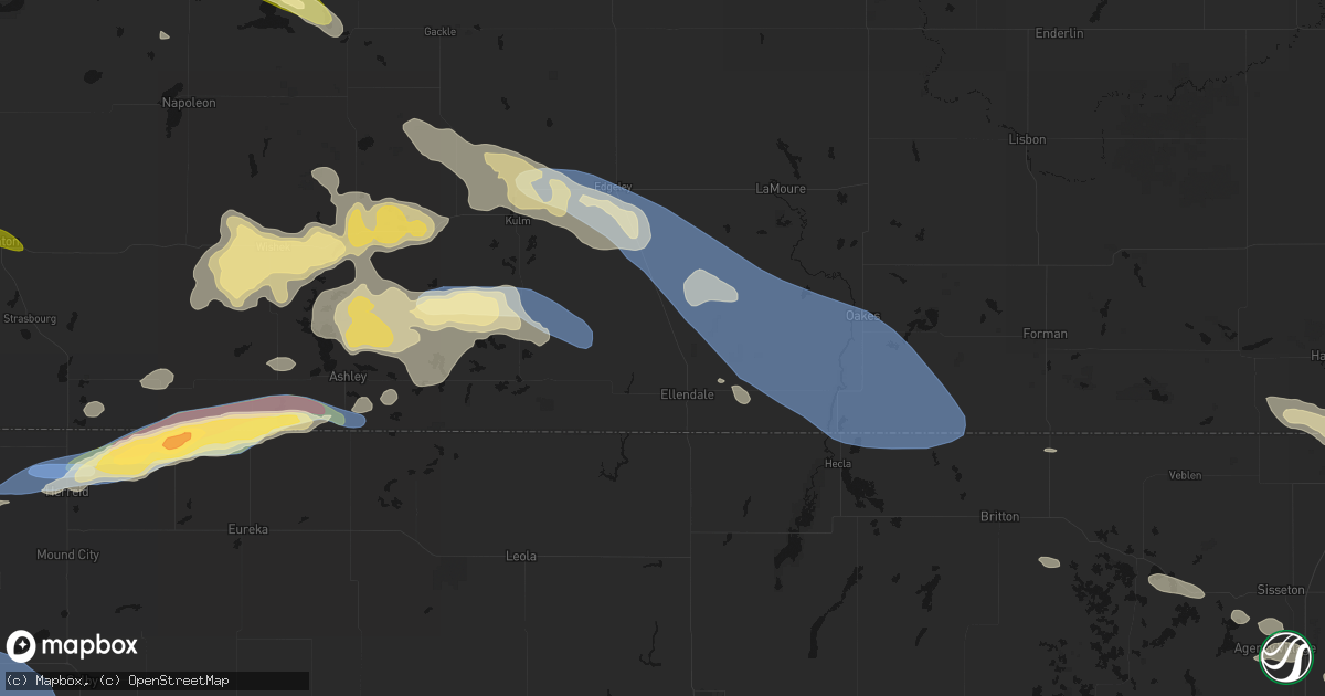 Hail map in Ellendale, ND on July 19, 2026