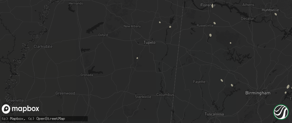 Hail map in Okolona, MS on July 19, 2026