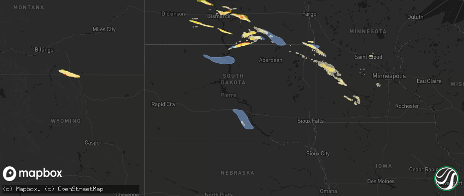 Hail map in South Dakota on July 19, 2026