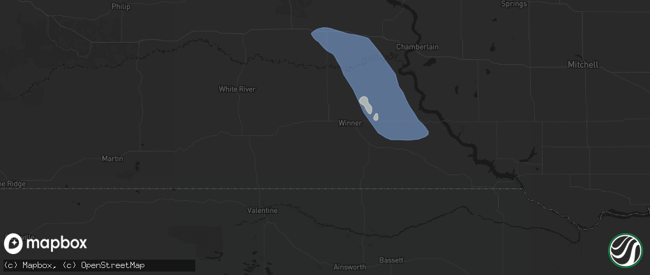 Hail map in Winner, SD on July 19, 2026