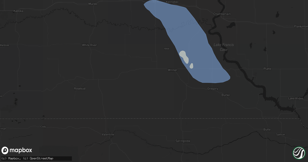 Hail map in Winner, SD on July 19, 2026