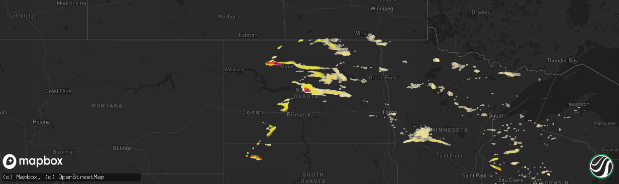 Hail map in North Dakota on July 20, 2016