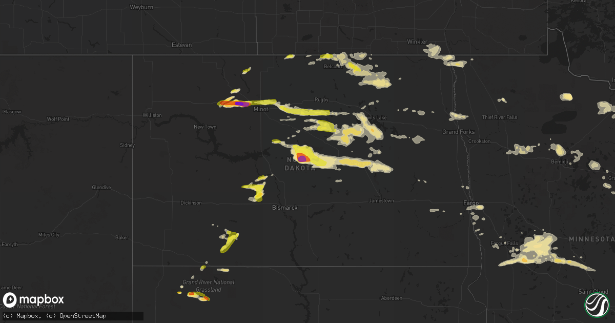 Hail map in North Dakota on July 20, 2016