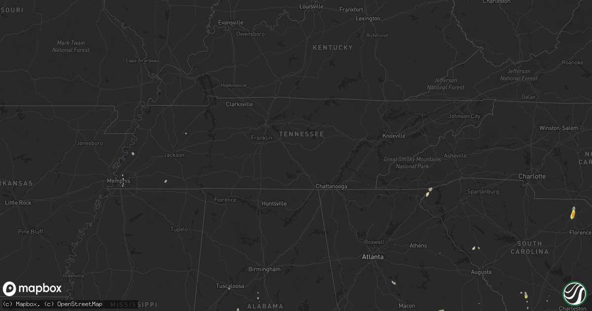 Hail map in Tennessee on July 20, 2016