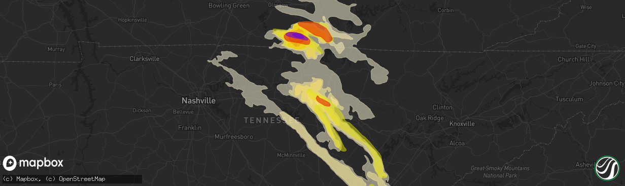 Hail map in Cookeville, TN on July 20, 2018