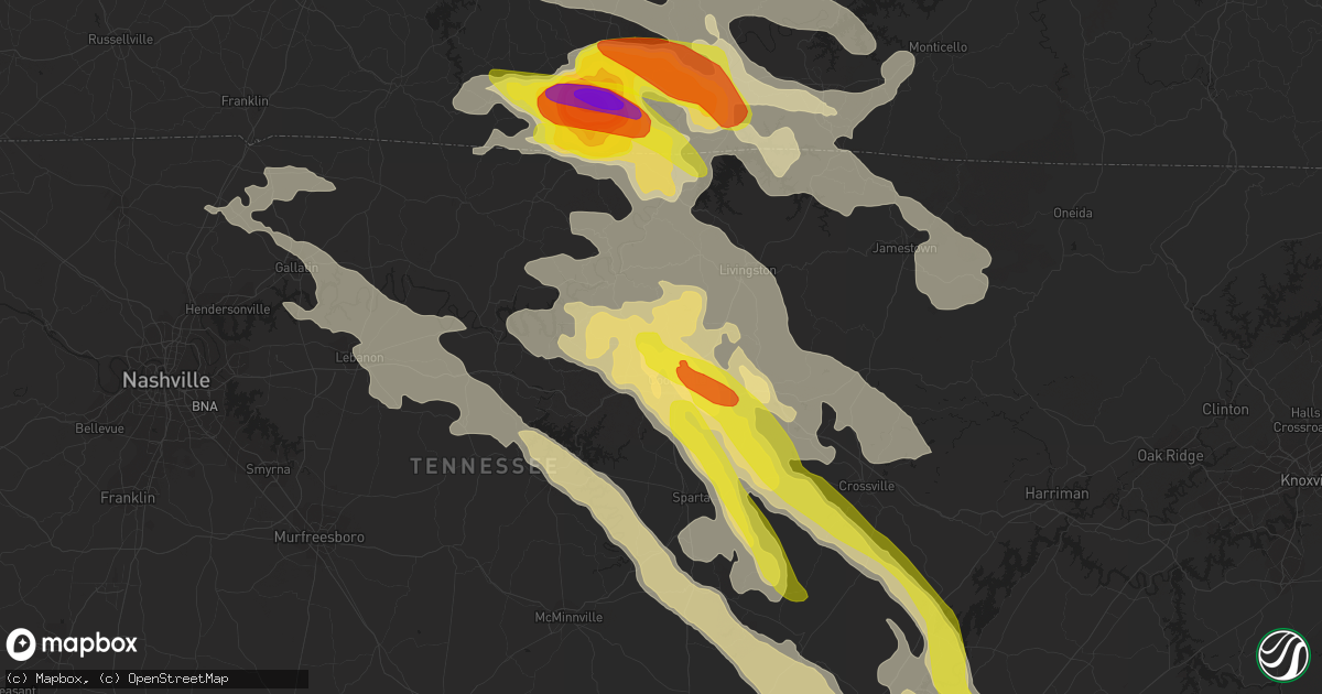 Hail map in Cookeville, TN on July 20, 2018