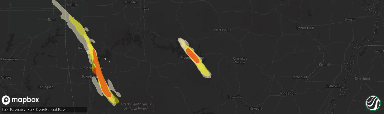 Hail map in Mountain Home, AR on July 20, 2018