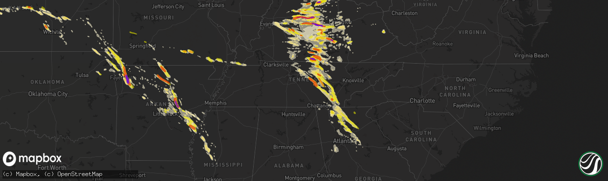 Hail map in Tennessee on July 20, 2018