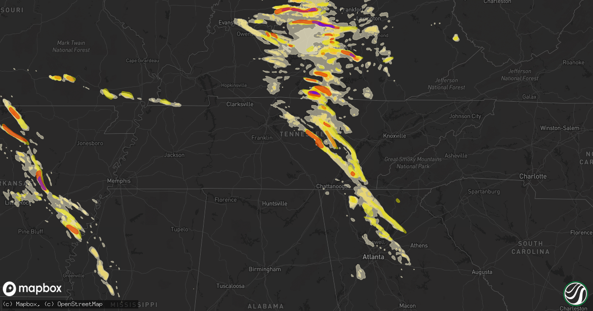 Hail map in Tennessee on July 20, 2018
