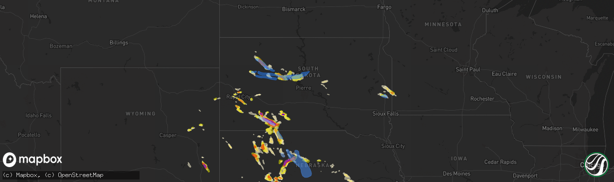 Hail map in South Dakota on July 20, 2020