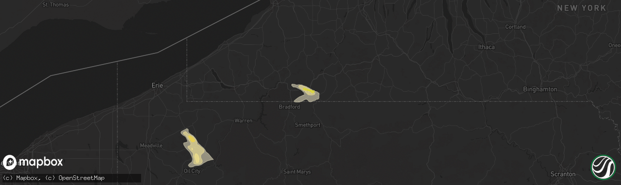 Hail map in Olean, NY on July 20, 2021