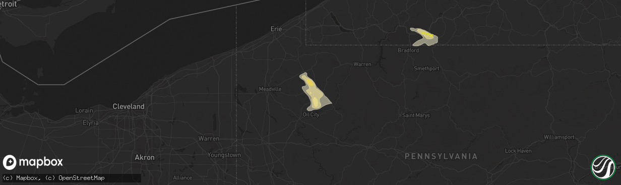 Hail map in Titusville, PA on July 20, 2021