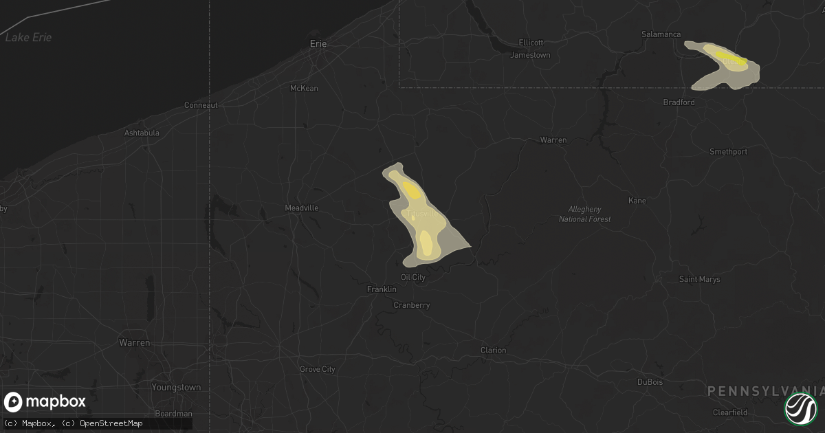 Hail map in Titusville, PA on July 20, 2021