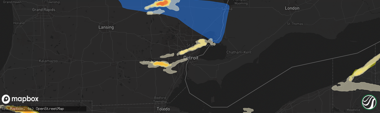 Hail map in Detroit, MI on July 20, 2023