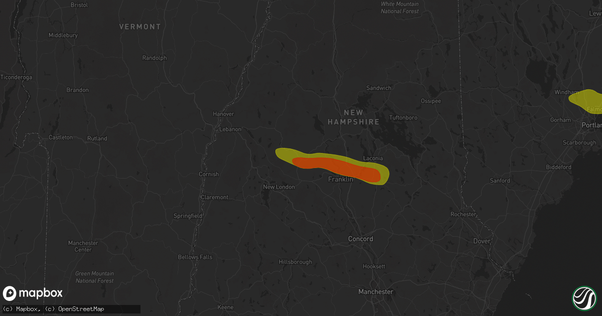 Hail map in Danbury, NH on July 20, 2025