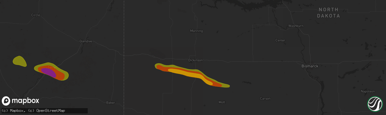 Hail map in Dickinson, ND on July 20, 2025