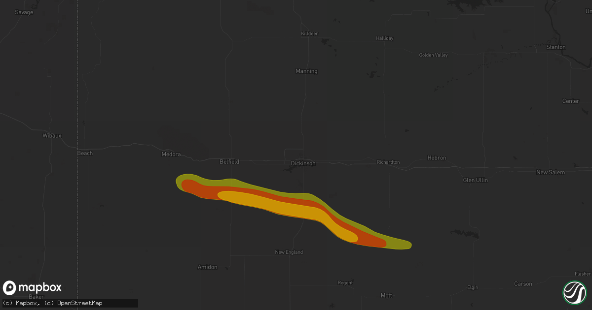 Hail map in Dickinson, ND on July 20, 2025