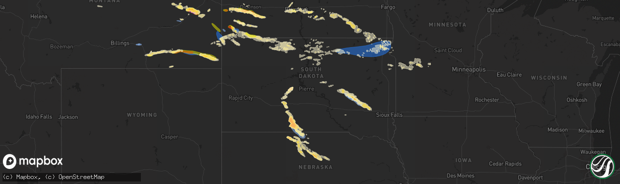 Hail map in South Dakota on July 20, 2025
