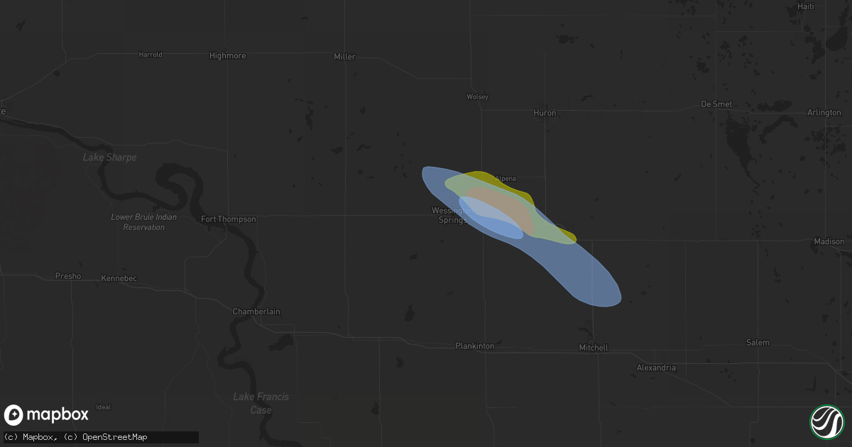 Hail map in Wessington Springs, SD on July 20, 2025