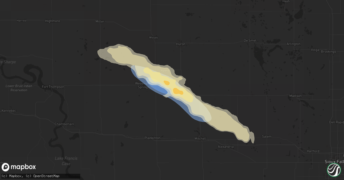 Hail map in Woonsocket, SD on July 20, 2025