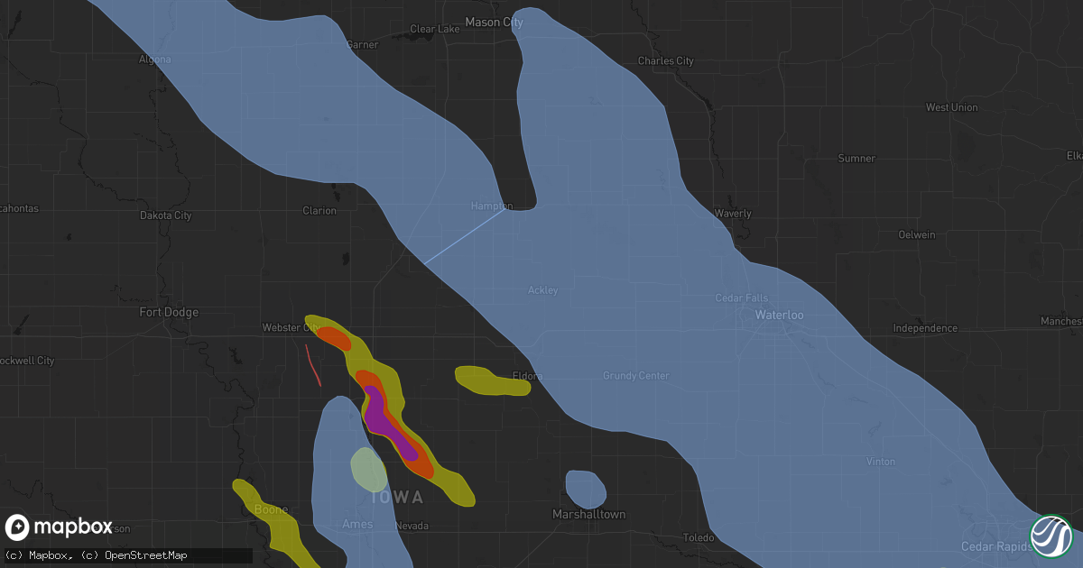 Hail map in Ackley, IA on July 20, 2026