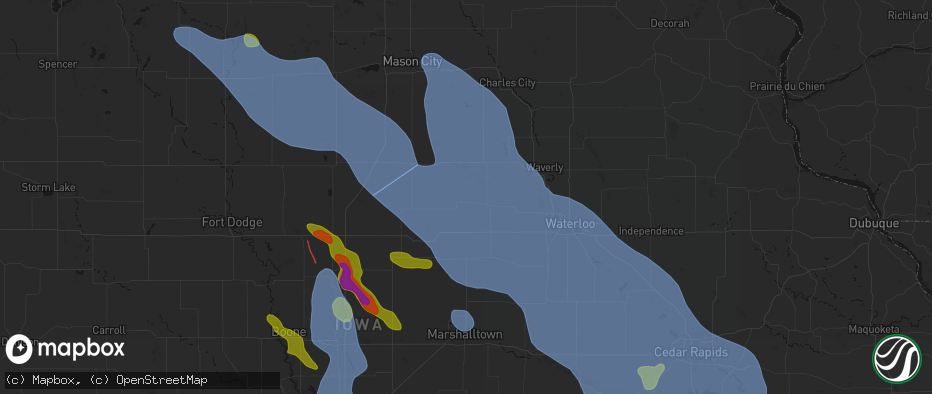 Hail map in Aplington, IA on July 20, 2026