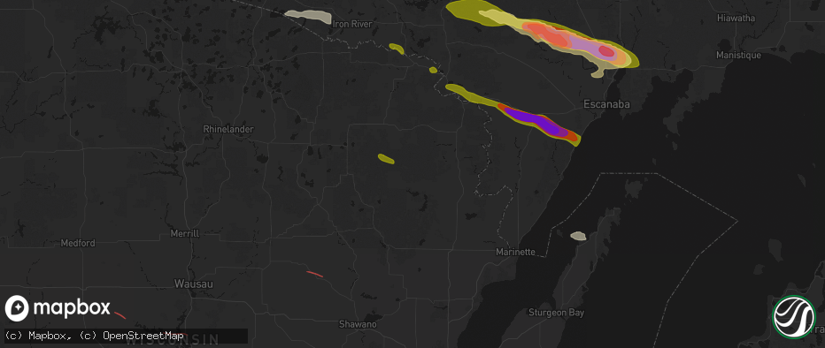 Hail map in Athelstane, WI on July 20, 2026