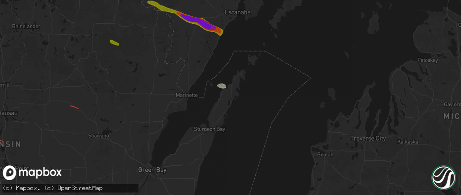 Hail map in Baileys Harbor, WI on July 20, 2026