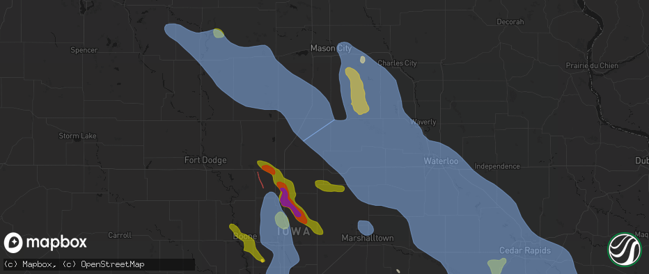 Hail map in Bradford, IA on July 20, 2026
