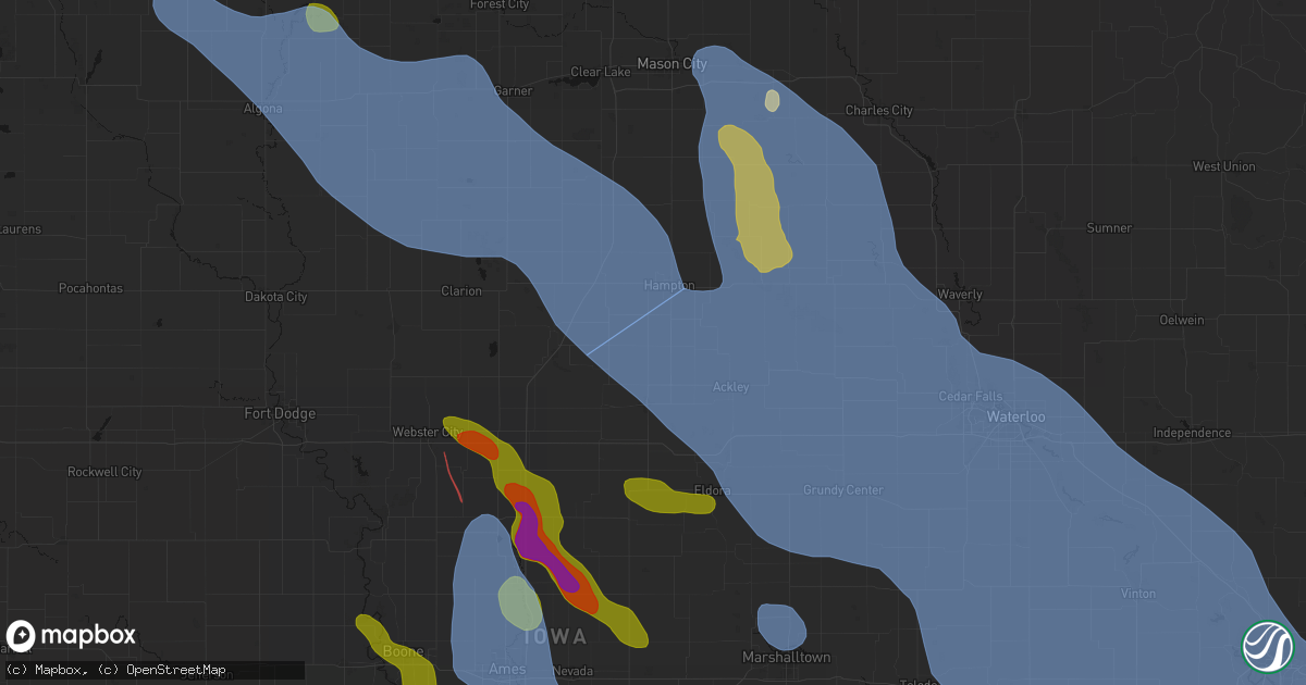 Hail map in Bradford, IA on July 20, 2026
