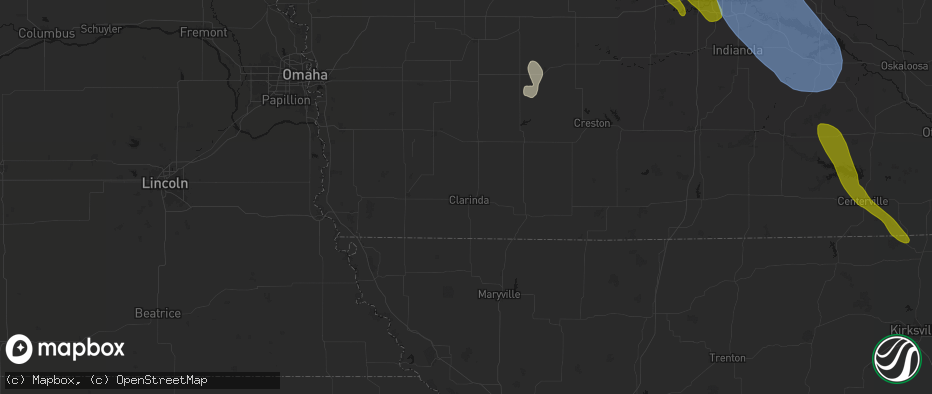 Hail map in Clarinda, IA on July 20, 2026