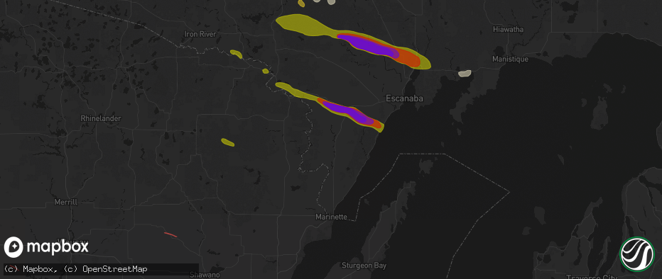Hail map in Daggett, MI on July 20, 2026