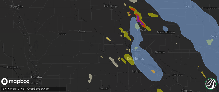 Hail map in Dawson, IA on July 20, 2026