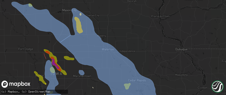 Hail map in Dewar, IA on July 20, 2026