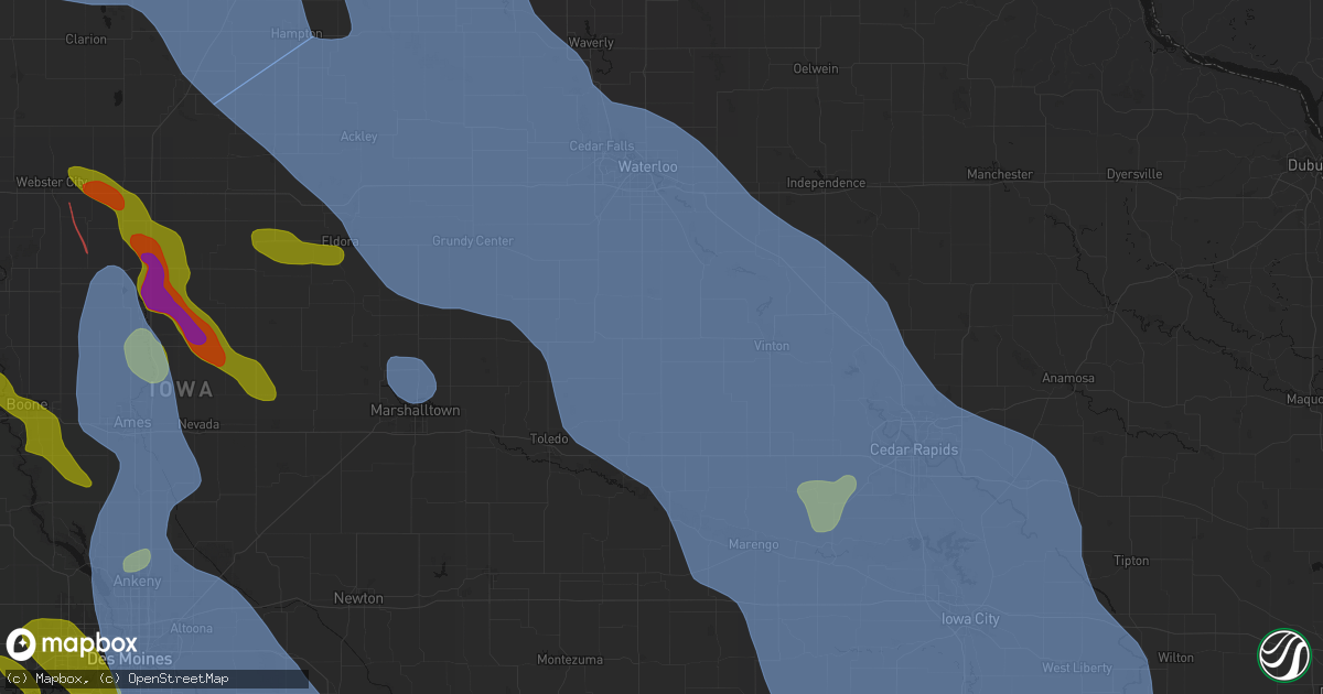 Hail map in Dysart, IA on July 20, 2026
