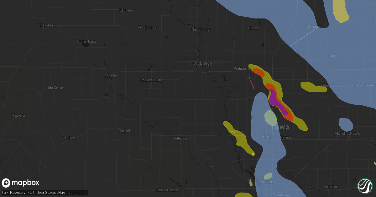 Hail map in Gowrie, IA on July 20, 2026
