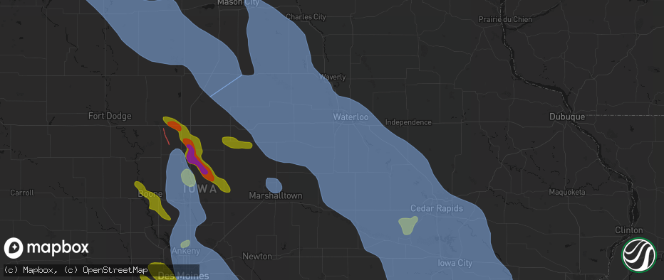 Hail map in Hudson, IA on July 20, 2026