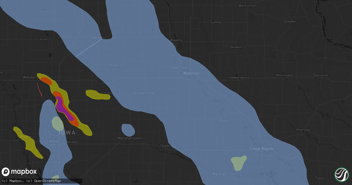 Hail map in Hudson, IA on July 20, 2026